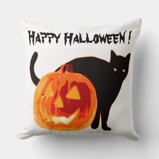 HALLOWEEN BLACK CAT AND PUMPKIN THROW PILLOW (Front)