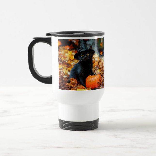 Halloween Black Cat and Pumpkin Travel Mug (Left)
