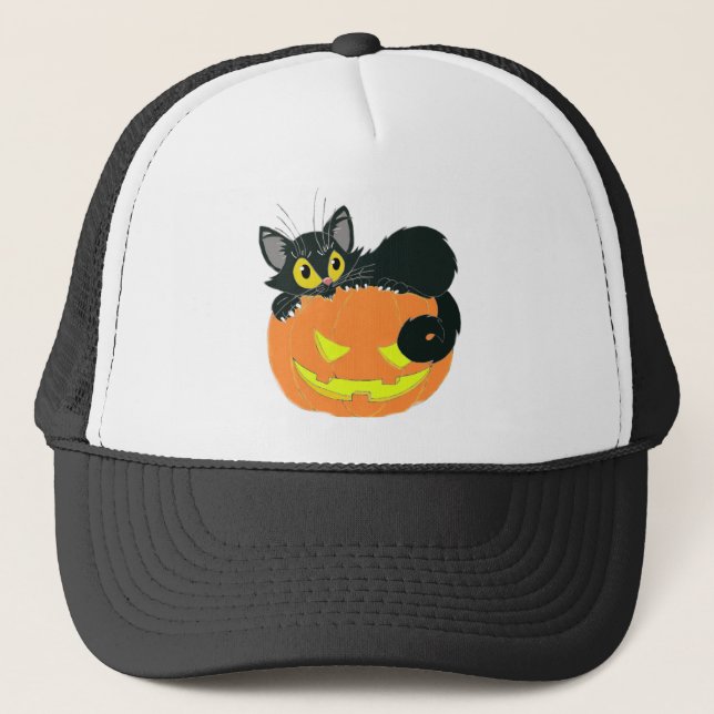 Halloween Black Cat and Pumpkin Trucker Hat (Front)