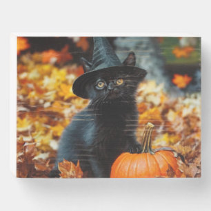 Halloween Black Cat and Pumpkin Wooden Box Sign