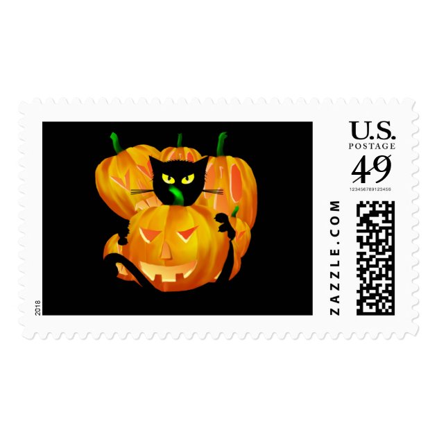 Halloween Black Cat And Pumpkins Invitation Postage