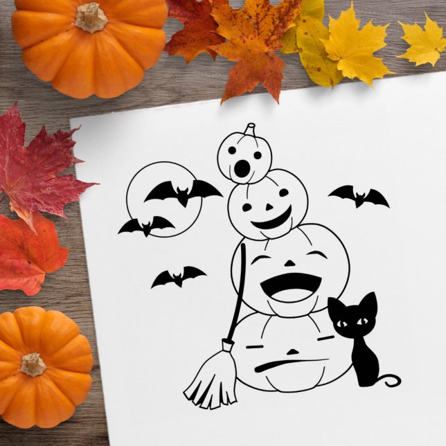 Halloween Black Cat and Pumpkins Color Me Rubber Stamp (Creator Uploaded)