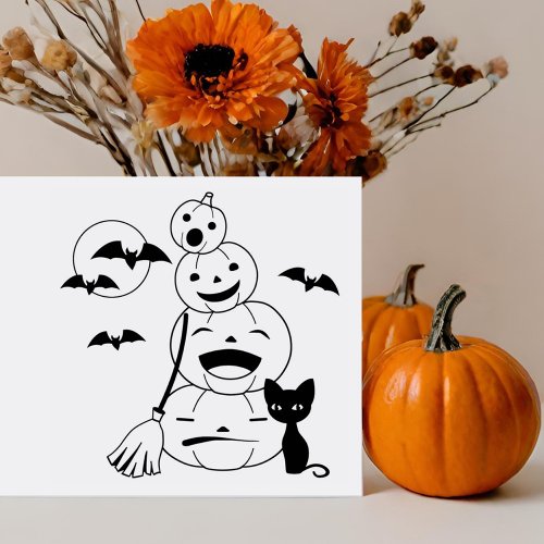 Halloween Black Cat and Pumpkins Color Me Rubber Stamp