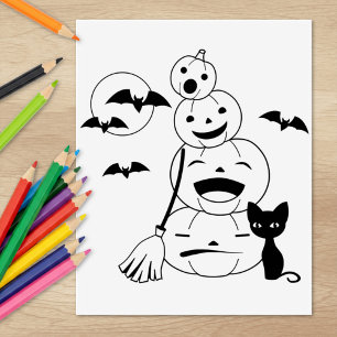 Halloween Black Cat and Pumpkins Coloring Page Rubber Stamp