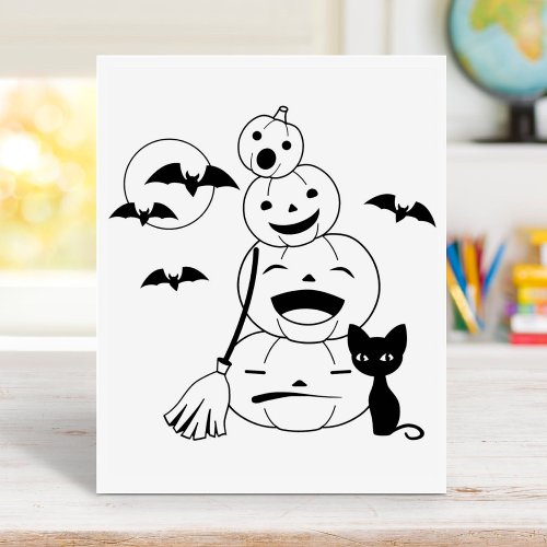 Halloween Black Cat and Pumpkins Coloring Page Rubber Stamp