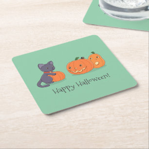 Halloween Black Cat and Pumpkins on Green Square Paper Coaster