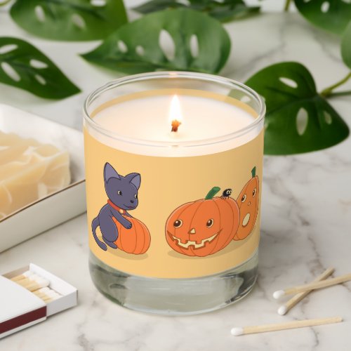 Halloween Black Cat and Pumpkins on Yellow Scented Candle