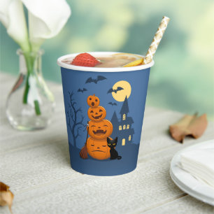 Halloween Black Cat and Pumpkins Paper Cups
