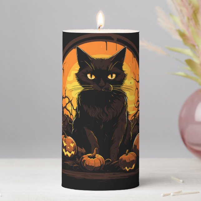 Halloween Black Cat and Pumpkins Pillar Candle (In Situ)