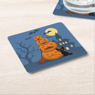 Halloween Black Cat and Pumpkins Square Paper Coaster