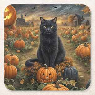 Halloween Black Cat and Pumpkins Square Paper Coaster