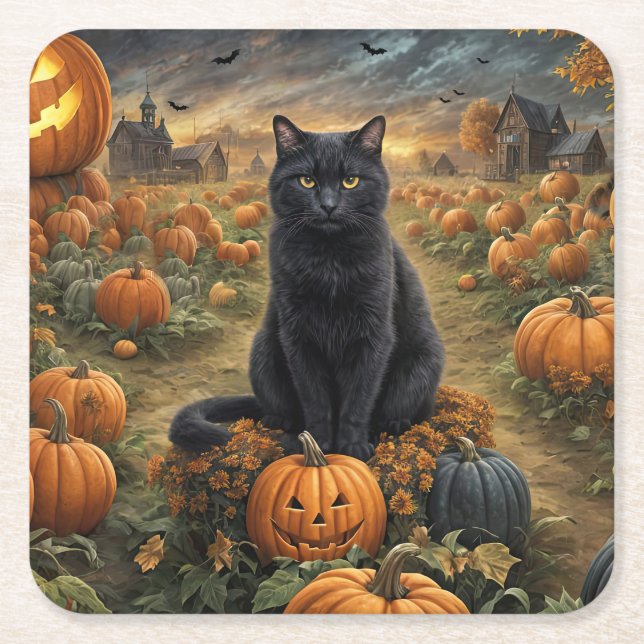 Halloween Black Cat and Pumpkins Square Paper Coaster (Front)