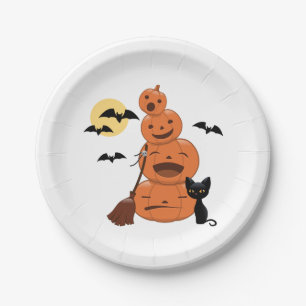 Halloween Black Cat and Pumpkins White Paper Plates