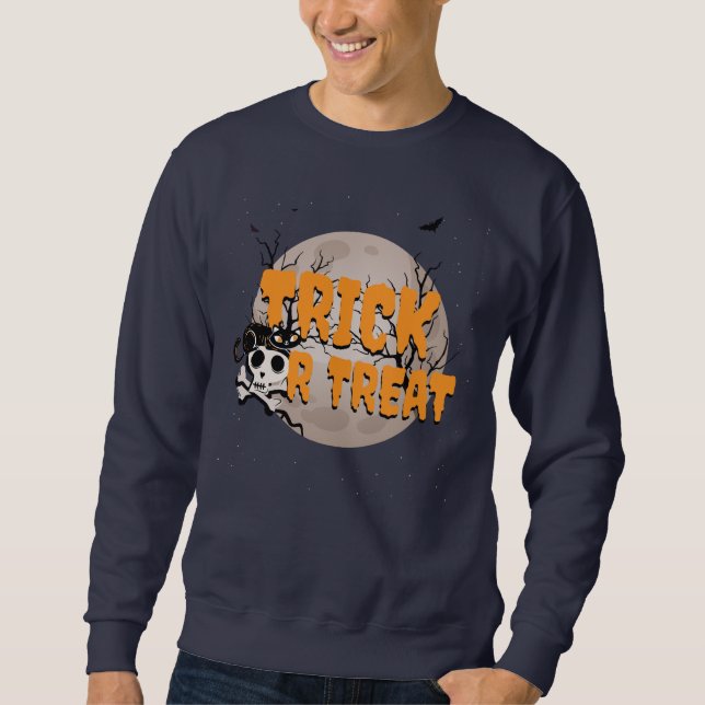 Halloween Black Cat and Skull Trick or Treat  Sweatshirt (Front)