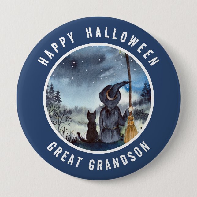 Halloween Black Cat and The Witch Starry Night Button (Front)