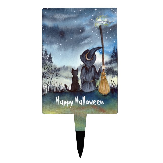 Halloween Black Cat and The Witch Starry Night Cake Topper (Front)