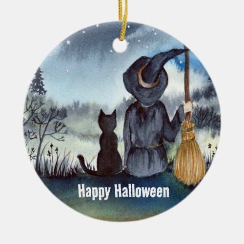 Halloween Black Cat and The Witch Starry Night Ceramic Ornament