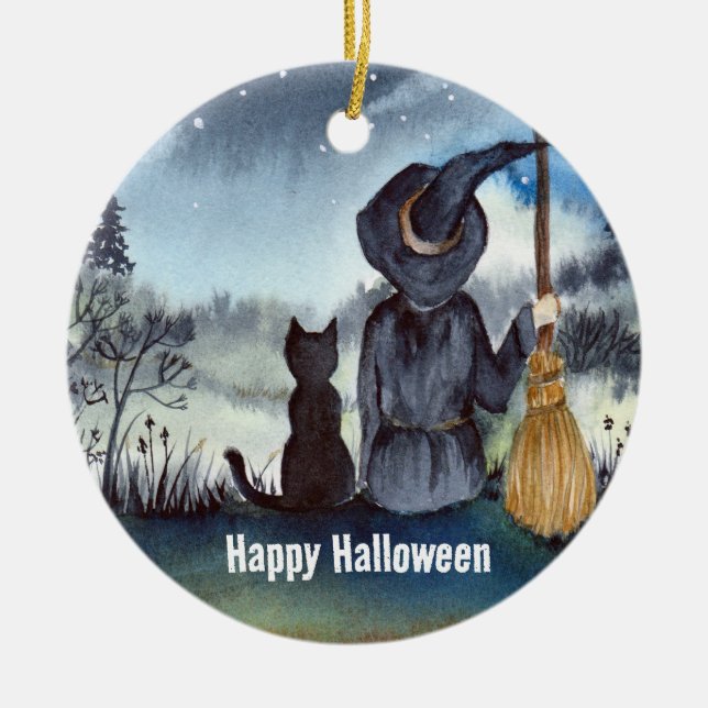 Halloween Black Cat and The Witch Starry Night Ceramic Ornament (Front)