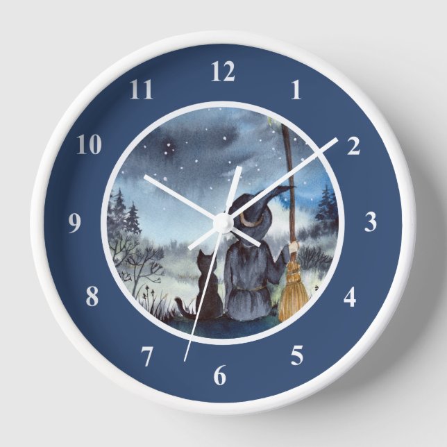 Halloween Black Cat and The Witch Starry Night Clock (Front)