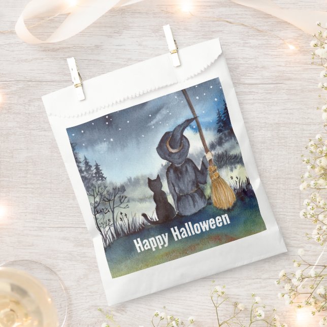 Halloween Black Cat and The Witch Starry Night Favor Bag (Clipped)