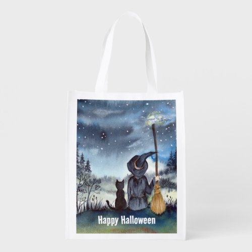 Halloween Black Cat and The Witch Starry Night Grocery Bag