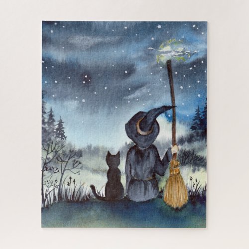 Halloween Black Cat and The Witch Starry Night Jigsaw Puzzle