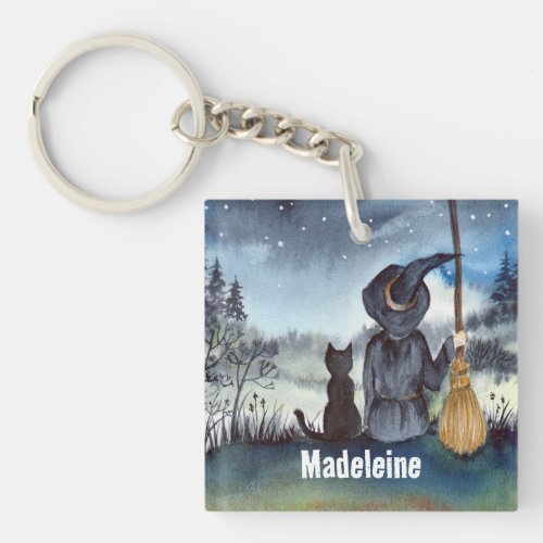 Halloween Black Cat and The Witch Starry Night Keychain