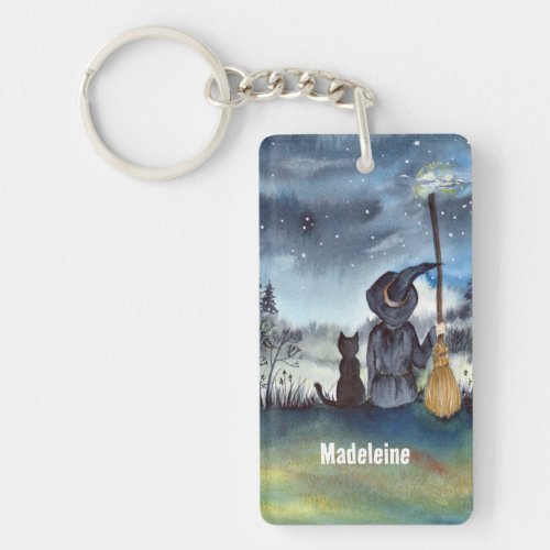 Halloween Black Cat and The Witch Starry Night Keychain