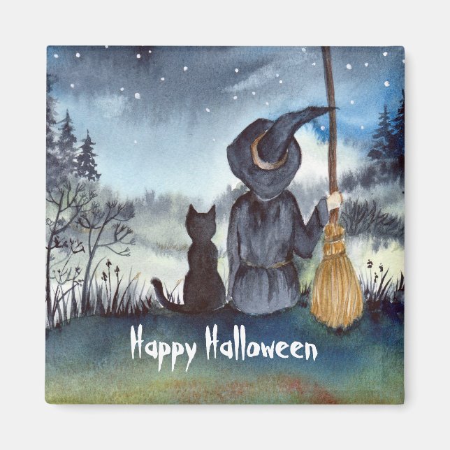 Halloween Black Cat and The Witch Starry Night Magnet (Front)