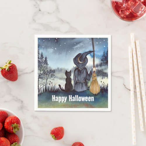 Halloween Black Cat and The Witch Starry Night Napkins