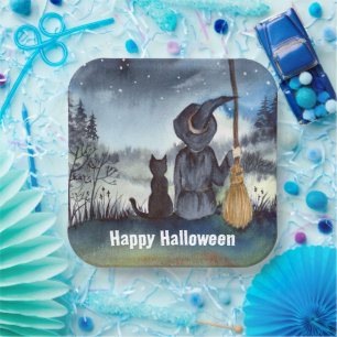 Halloween Black Cat and The Witch Starry Night Paper Plates
