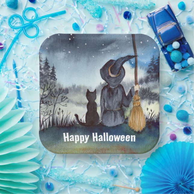 Halloween Black Cat and The Witch Starry Night Paper Plates (Party)