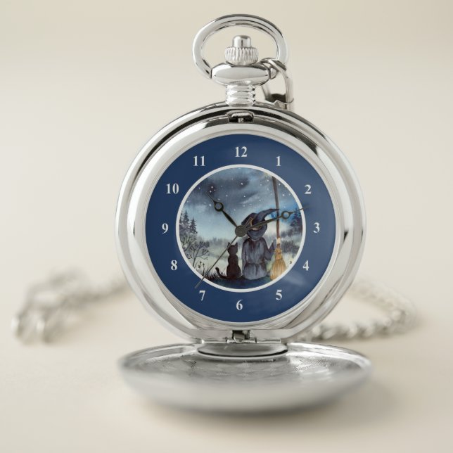 Halloween Black Cat and The Witch Starry Night Pocket Watch (Inside)