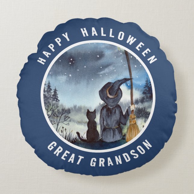 Halloween Black Cat and The Witch Starry Night Round Pillow (Front)