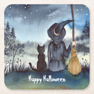 Halloween Black Cat and The Witch Starry Night Square Paper Coaster