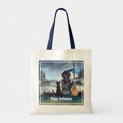 Halloween Black Cat and The Witch Starry Night Tote Bag