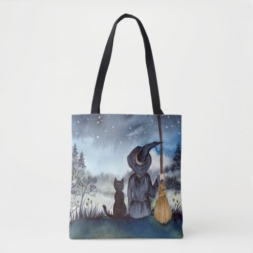 Halloween Black Cat and The Witch Starry Night Tote Bag