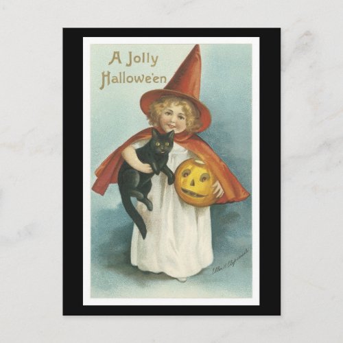 Halloween Black Cat and Witch Girl Postcard