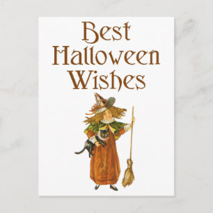 Halloween Black Cat and Witch Girl Postcard