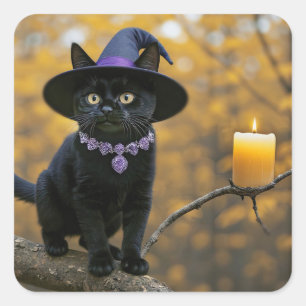 Halloween Black Cat and Witch Hat Candle Mystical Square Sticker