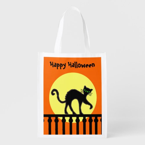 Halloween Black Cat Arched Back on Fence moon Grocery Bag