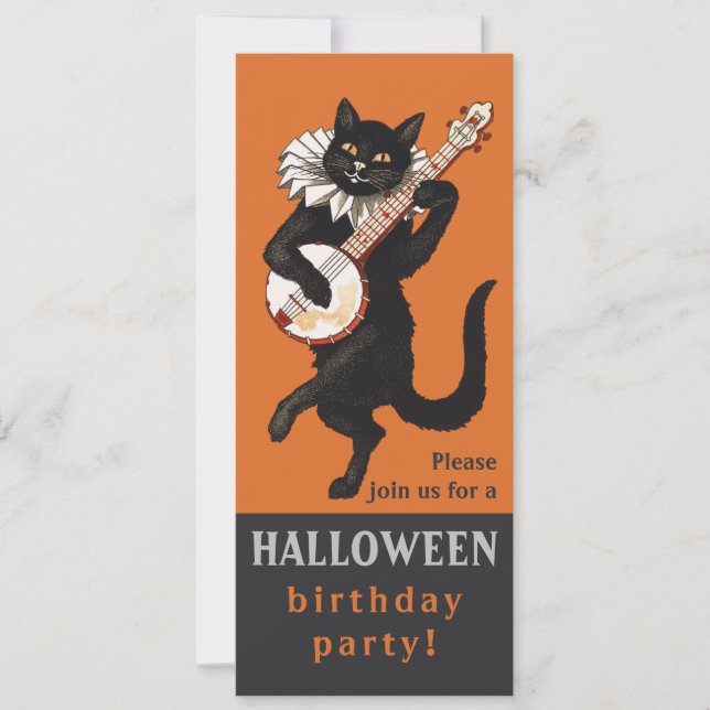 Halloween black cat banjo CC1162 birthday party Invitation (Front)