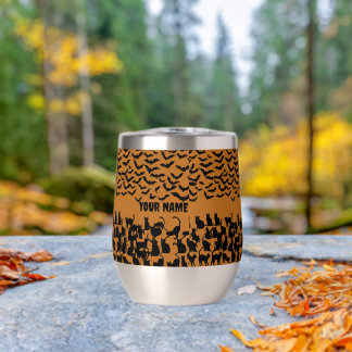 Halloween Black Cat Bat Orange Spooky Pattern Thermal Wine Tumbler