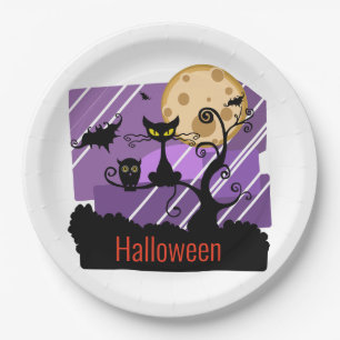 Halloween Black Cat, Bat, Owl, Moon and Tree Paper Plates