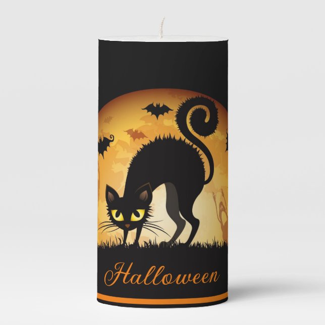 Halloween Black Cat Bats Full Moon Fun Pillar Candle (Front)