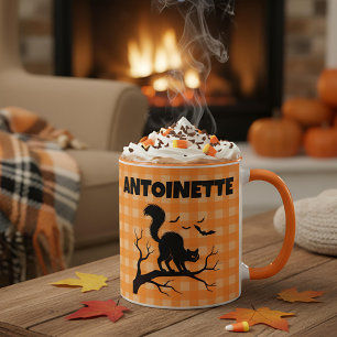 Halloween Black Cat & Bats Orange Plaid Name Mug