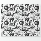 Halloween Black Cat Bats Pumpkins Vintage Pattern Wrapping Paper (Flat)
