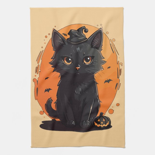Halloween Black Cat, Black Jack O' Lantern  Kitchen Towel (Vertical)