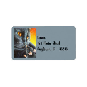 Halloween Black Cat & Black Mouse Watercolor Art Label