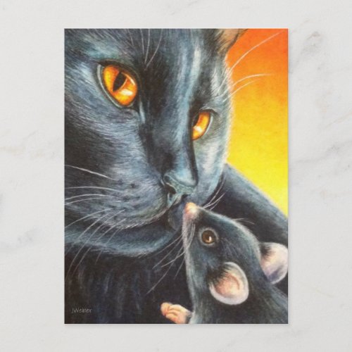 Halloween Black Cat  Black Mouse Watercolor Art Postcard